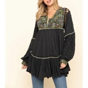 Free People Embroidered LadderStitch Ruffled Trim Tunic Size Medium